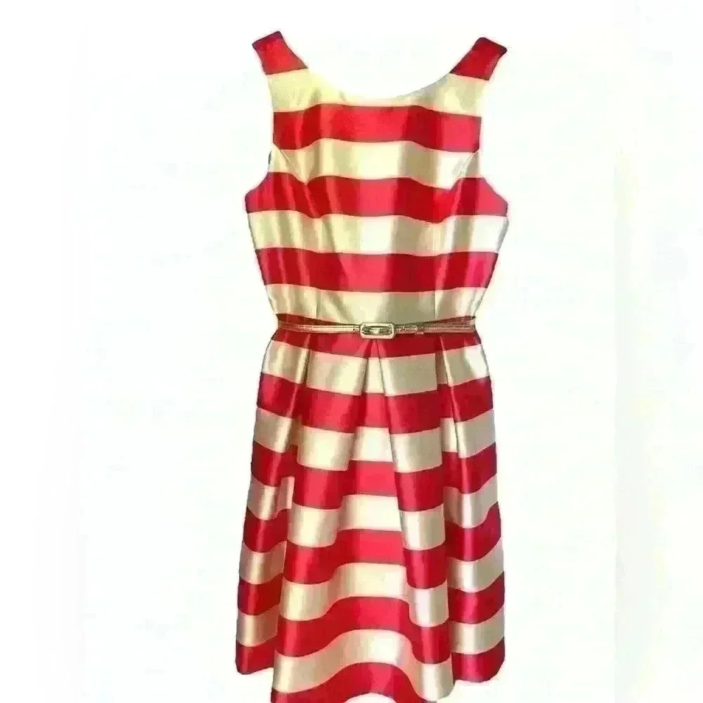 Eliza J Wide Gold Coral Stripe Sleeveless Gold Belt Waist Fit Flare Dress 6